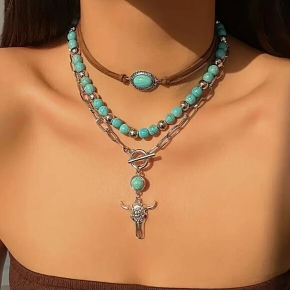 NEW Dallas Silver and Turquoise Blue Beaded Layered Longhorn Necklace Cowboy - Picture 1 of 4